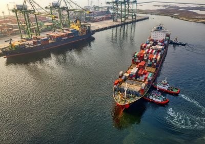 Container ship leaving port, aerial view
